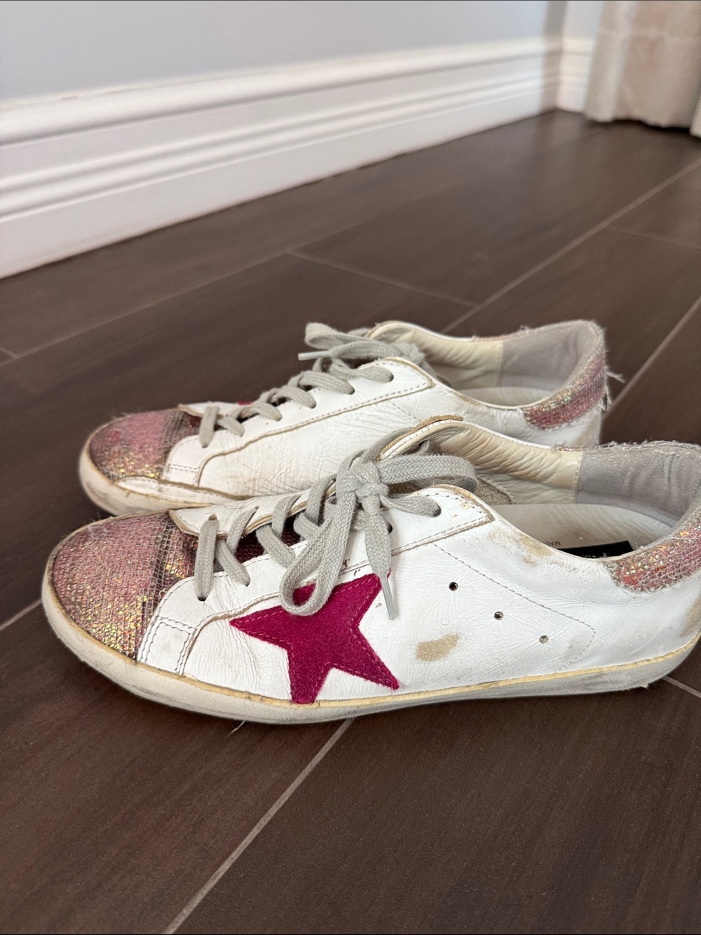 Golden Goose Super Star White Sneakers with Pink Star and Glitter Accents